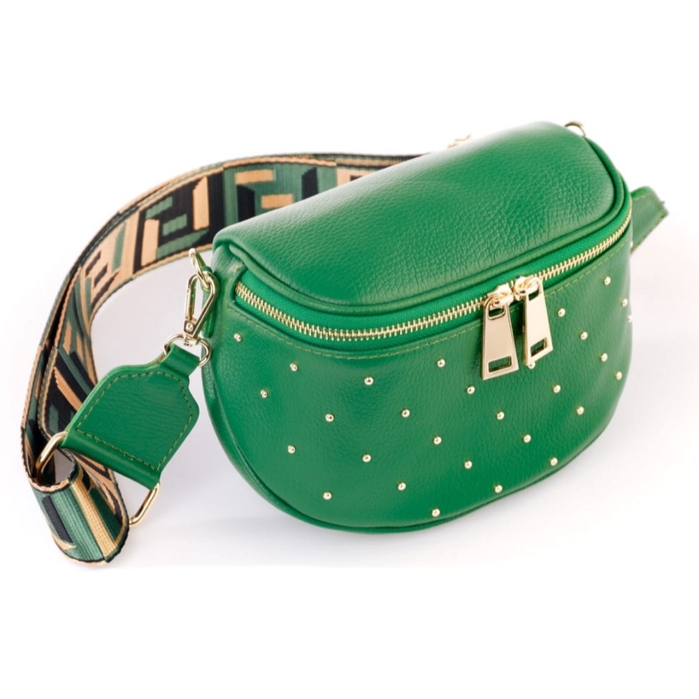 NEW BOSCCOLO Green Studded Leather Over the Shoulder Purse Satchel Bag NWT